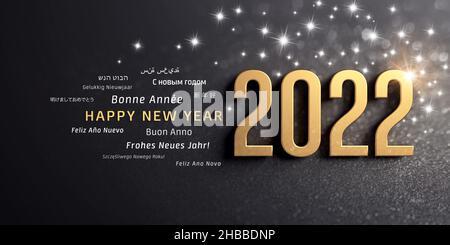 Happy New Year greetings in several languages and 2022 date number, colored in gold, on a festive black background, with glitters and stars - 3D illus