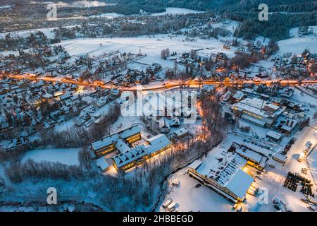 Illuminated Zakopane in Winter. Drone View of Polish Winter Capital City. Stock Photo