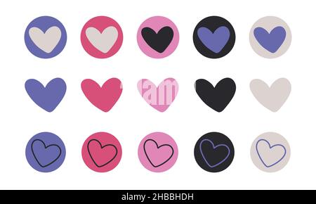 Set of cute heart icons in muted very peri color palette. Modern romantic hearts variety in purple and pink. Stock Vector