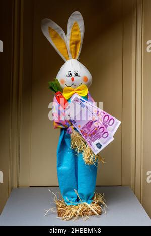 Stuffed happy rabbit holding two 500 Euro banknotes, Stock Photo