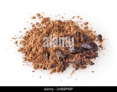 Heap of cacao powder with cocoa beans isolated on white background Stock Photo