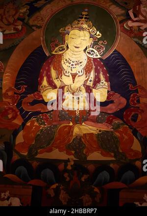 Ladakh, Jammu and Kashmir, India.July 2017. Mural Paintings on Hemis Monastery. Gold tara. Mural Paintings on Tantric Buddhism Stock Photo