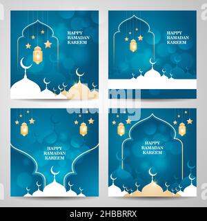 Islamic Greeting Card template design Collections with turquoise and golden color Stock Vector