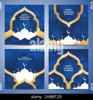 Collections of Islamic Greeting Card template design  with blue and golden color Stock Vector