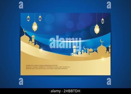 Luxury Islamic Greeting Card template design with blue and golden color Stock Vector