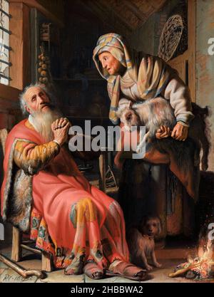 Tobit and Anna with the Kid by Rembrandt van Rijn (1606-1669), oil on panel, 1626 Stock Photo