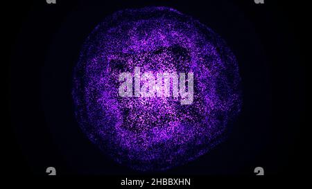 Purple energy moving and rotating sphere of small particles on black background. Abstract technology, science, engineering and artificial intelligence Stock Photo