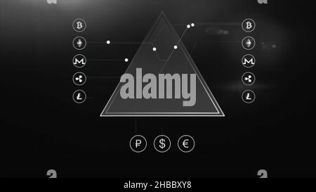 Abstract animation of money conversion process with different icons connected by lines and dots on grey triangle and black background. Monochrome anim Stock Photo