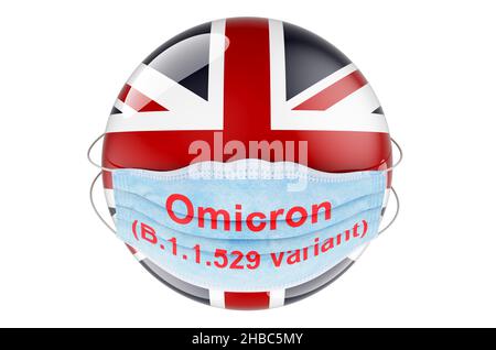 Omicron coronavirus variant B.1.1.529 in the Great Britain, concept. British flag with medical mask. 3D rendering isolated on white background Stock Photo