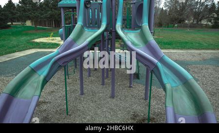 Local community park playground equipment. No people. Autumn. November 2021 Stock Photo