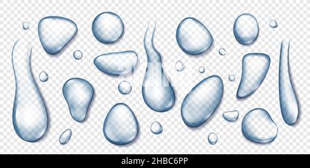 Realistic condensation water drops, dripping raindrops and tears. Clean liquid droplets, transparent waterdrops in different shapes vector set. Natura Stock Vector