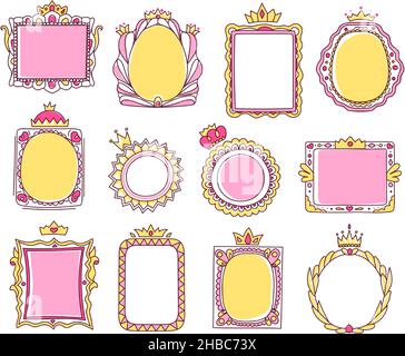 Cute hand drawn pink princess frames with crowns. Sketch photo or mirror frame with tiara, girly doodle border for baby princesses vector set. Royal r Stock Vector
