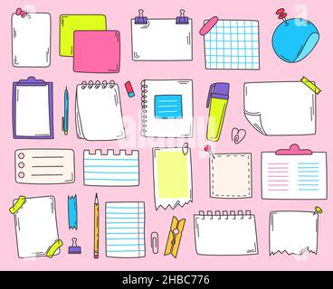 Doodle paper sheets, cute planner sticky notes. Hand drawn notebook page stickers, sketch memo sheet, note papers doodles vector set. Reminders with adhesive tape, stationery for school Stock Vector