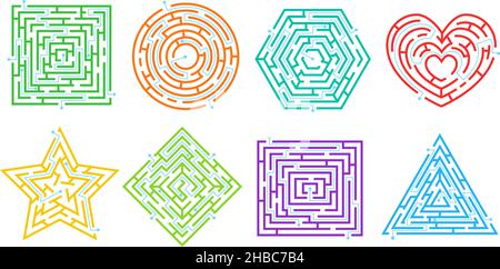 Maze puzzle games in different shapes, simple labyrinths for kids. Route finding game, labyrinth puzzles, find path riddles vector set. Challenge for child, searching way or direction Stock Vector