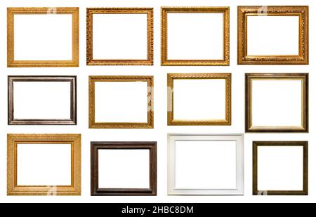 set of various old wooden picture frames with blank canvas cutout on white background Stock Photo