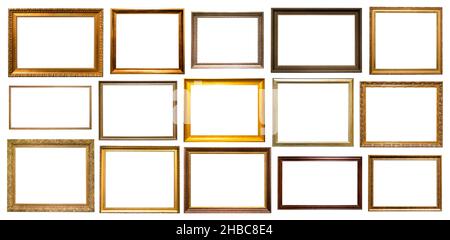 set of various narrow wooden picture frames with blank canvas cutout on white background Stock Photo