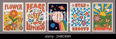 70s groovy posters, retro print with hippie elements. Cartoon psychedelic landscape with mushrooms and flowers, vintage funky print vector set. Open space with planets and stars, meadow with sunrise Stock Vector