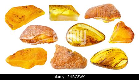 set of various amber gem stones cutout on white background Stock Photo