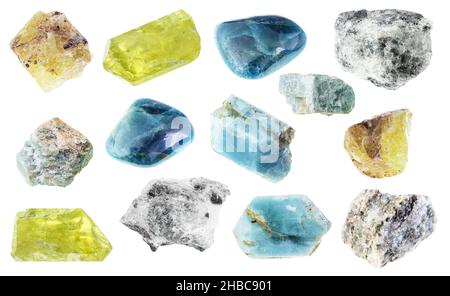 set of various unpolished green minerals with names cutout on white  background Stock Photo - Alamy