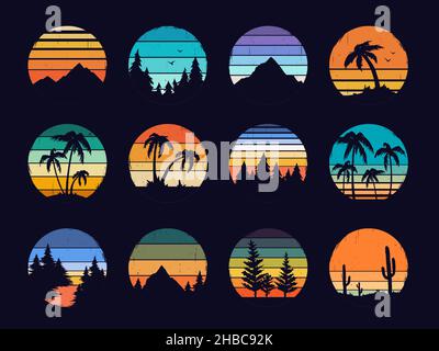 Retro sunset, 80s style grunge striped sunsets. Abstract vintage sunrise logo with summer beach, mountains, forest landscape vector set. Tourism or traveling concept, adventure logotype Stock Vector
