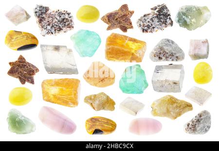 set of various calcite stones cutout on white background Stock Photo