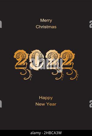 Happy New Year 2022. Hanging golden 3D numbers with ribbons and confetti on a defocused colorful, bokeh background. Stock Vector