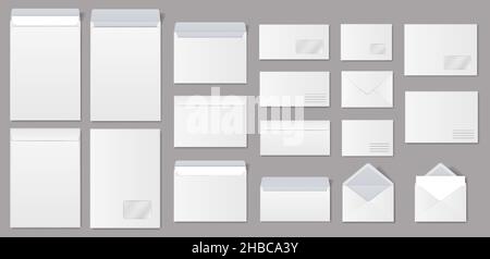 Realistic paper envelopes, white blank mailing envelope with letter. Open and closed envelopes in different sizes vector mockup set. Front and back view of objects for correspondence Stock Vector