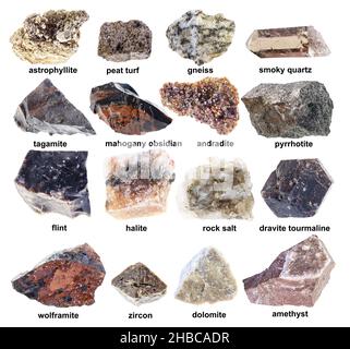 set of various brown unpolished rocks with names ( almandine ...