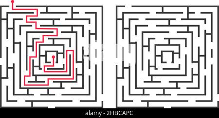 Square labyrinth game with solution, route finding puzzle. Simple logical maze for children, find path riddle with answer vector illustration. Rebus for kids concentration and exit search Stock Vector
