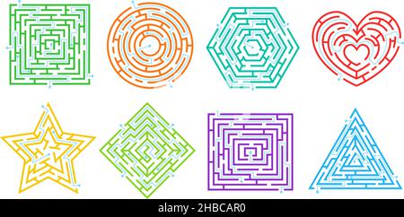 Maze puzzle games in different shapes, simple labyrinths for kids. Route finding game, labyrinth puzzles, find path riddles vector set. Challenge for child, searching way or direction Stock Vector