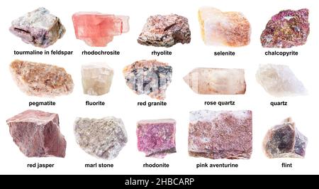 set of various unpolished pink rocks with names cutout on white background Stock Photo