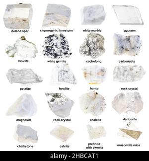 set of various unpolished white and colorless rocks with names cutout on white background Stock Photo