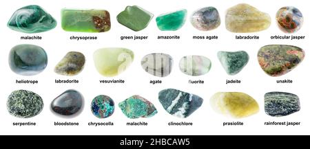 set of various tumbled green stones with names cutout on white background Stock Photo