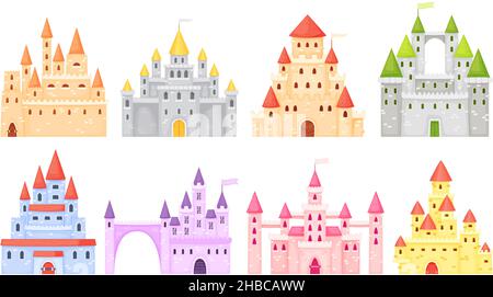 Cartoon medieval castles, ancient fortress, fairy tale palace. Fortified palace exterior, mansion, fairytale princess castle towers vector set. Historical defensive building or old royal kingdom Stock Vector
