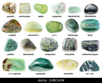 set of various polished green stones with names cutout on white background Stock Photo