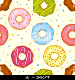Cartoon cute donuts seamless pattern, glazed donut with sprinkles. Delicious doughnuts, sweet pastry dessert bakery vector background. Tasty sugary food assortment for wallpaper or fabric Stock Vector
