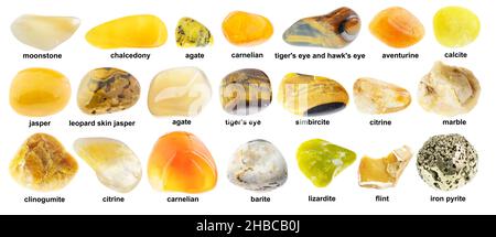 set of various polished yellow stones with names cutout on white background Stock Photo