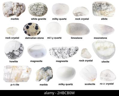 set of various tumbled white and colorless stones with names cutout on white background Stock Photo Alamy