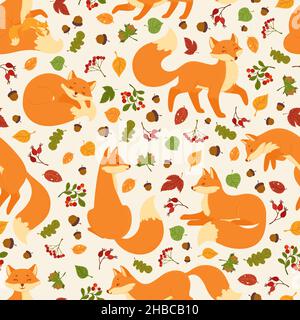 Cartoon cute red foxes seamless pattern with forest elements. Funny fox with leaves and berries, wildlife woodland animal vector print texture. Adorable mother with kid, walking character Stock Vector