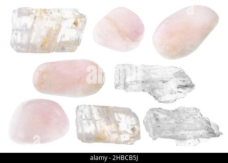 set of various petalite (castorite) stones cutout on white background Stock Photo