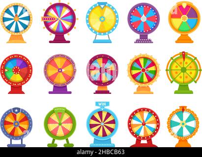 Fortune wheels, spinning roulette, lucky spin game. Casino gambling wheel, colorful turning roulette, jackpot lottery games flat vector set. Opportunity to win or lose, entertainment Stock Vector