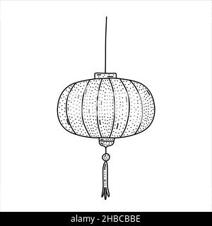 Chinese flashlight hand-drawn in the doodle style. Cute design for any purpose. Hanging lantern in the shape Stock Vector