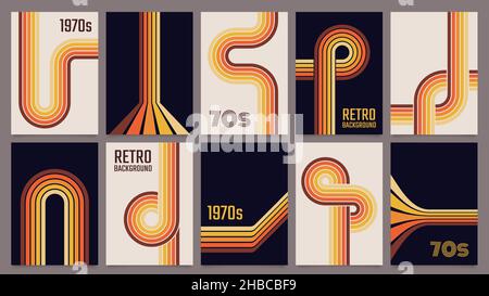 Vintage 70s geometric posters, abstract retro stripes backgrounds. Minimalist 1970s style color lines print or poster template vector set. Flowing wavy colorful paths for album cover Stock Vector