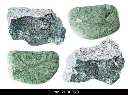 set of various unpolished green minerals with names cutout on white  background Stock Photo - Alamy