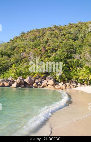Famous Petite Anse Kerlan beach on the Praslin island, Seychelles Stock Photo