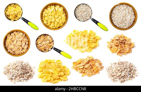 set of various instant cereals flakes cutout on white background Stock Photo