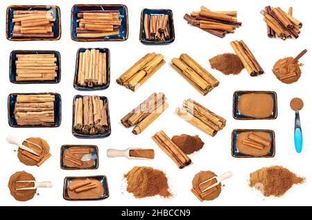 set of various cinnamon sticks and powder cutout on white background Stock Photo