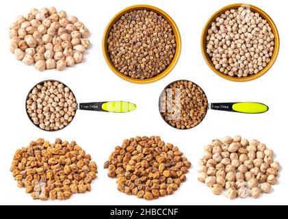 set of various chickpea seeds cutout on white background Stock Photo