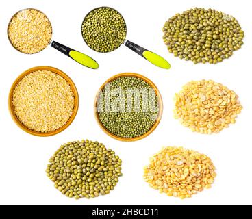 set of various green mung beans cutout on white background Stock Photo