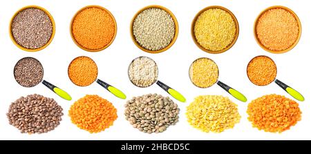 set of various lentils cutout on white background Stock Photo